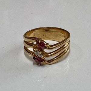 10K Yellow Gold Triple Row Bypass Ring with Marquise Rubies & Diamond Accents